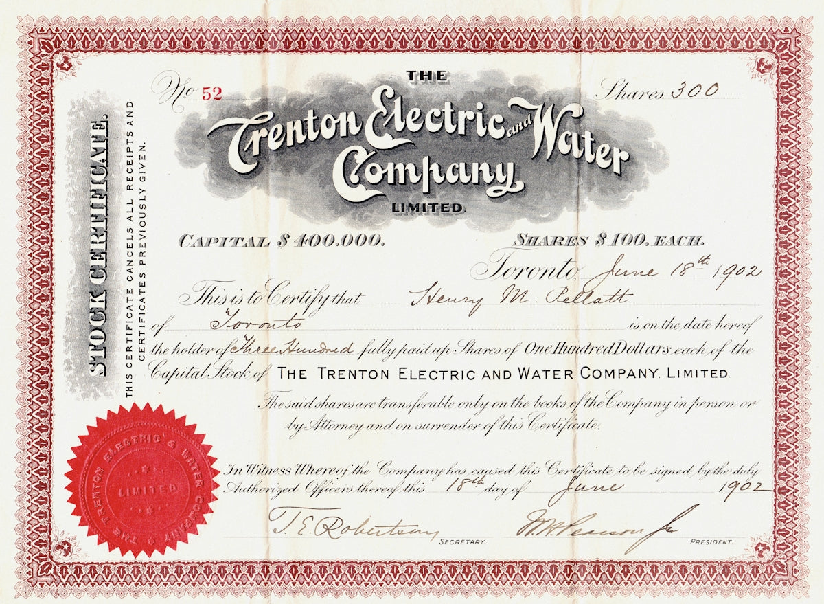 The trenton electric water company stock certificate Image