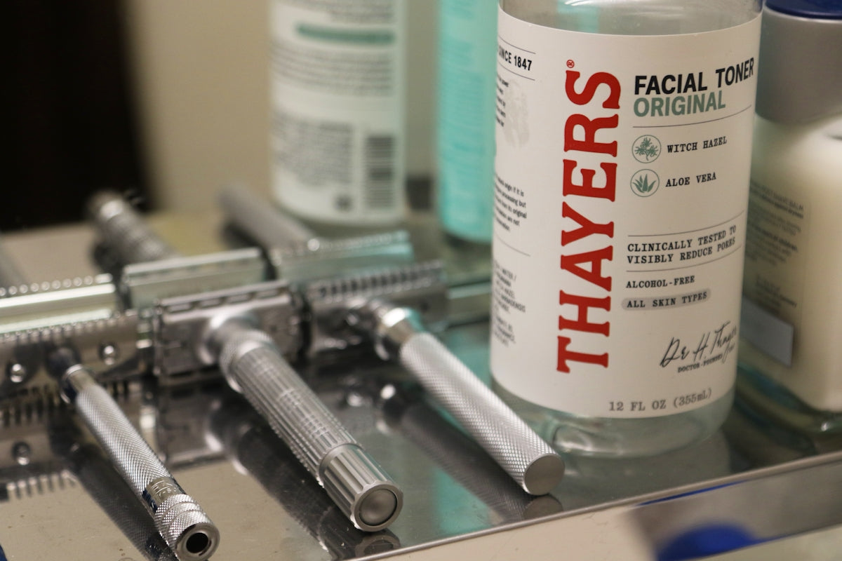 Shaving tools and thayers facial toner on shelf