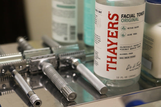 Shaving tools and thayers facial toner on shelf